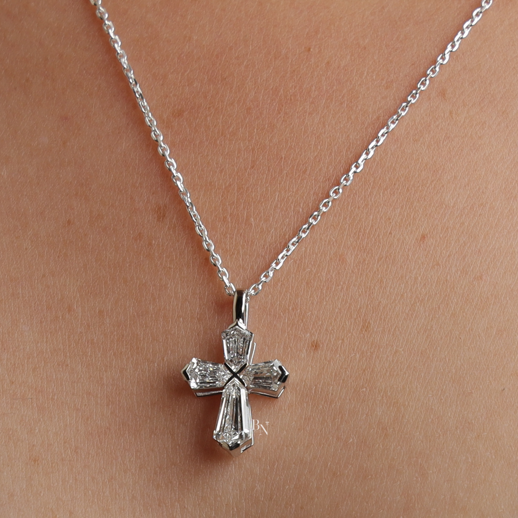 Lab Grown Diamond Cross Necklace, Coffin Cut Diamond Pendant, 14K White Gold Cross, Dainty Religious