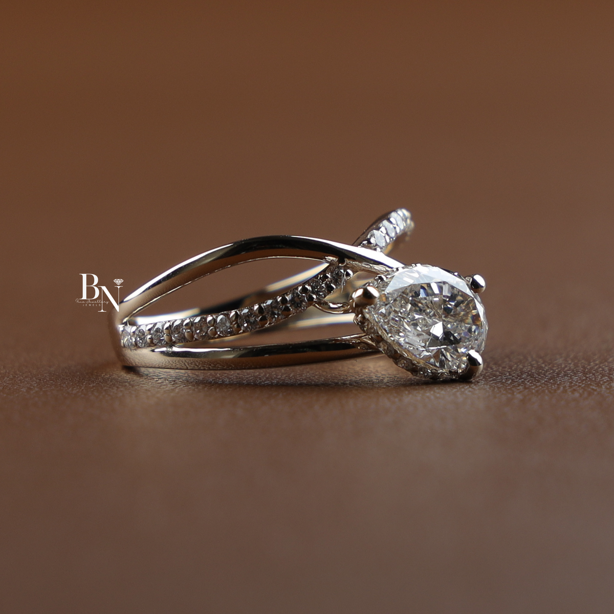 2 Carat Pear Cut Lab Grown Diamond Engagement Ring, Hidden Halo Twist Band, Teardrop