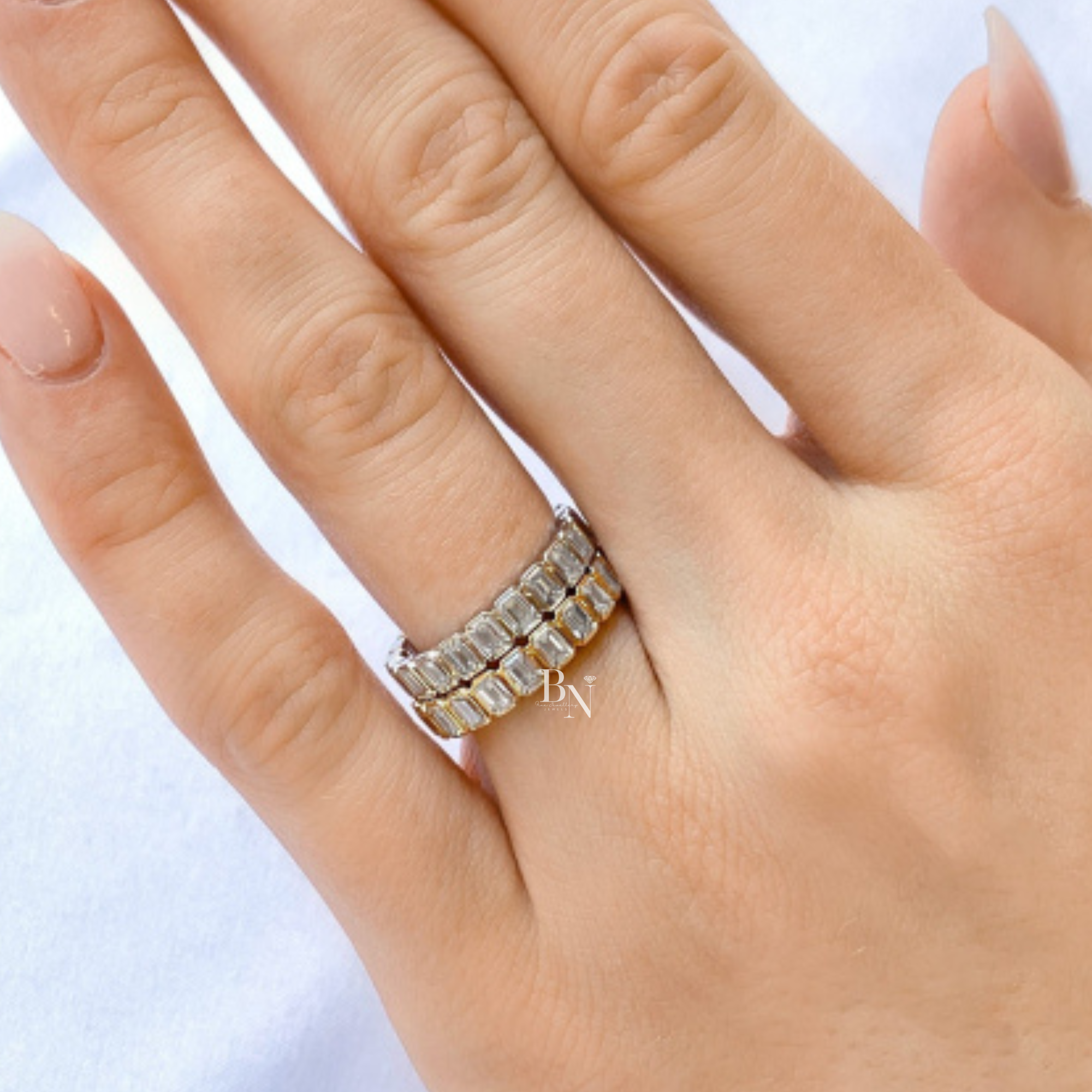 Emerald Cut Lab Diamond Band, 1.70 CTW Bezel Set Eternity Ring, Solid Gold Bridal Stacking Ring