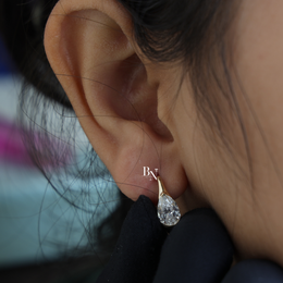 Pear Cut Lab Grown Diamond Huggie Earrings, Minimalist Solitaire Hoop Earrings, Half Bezel Diamond Hoops
