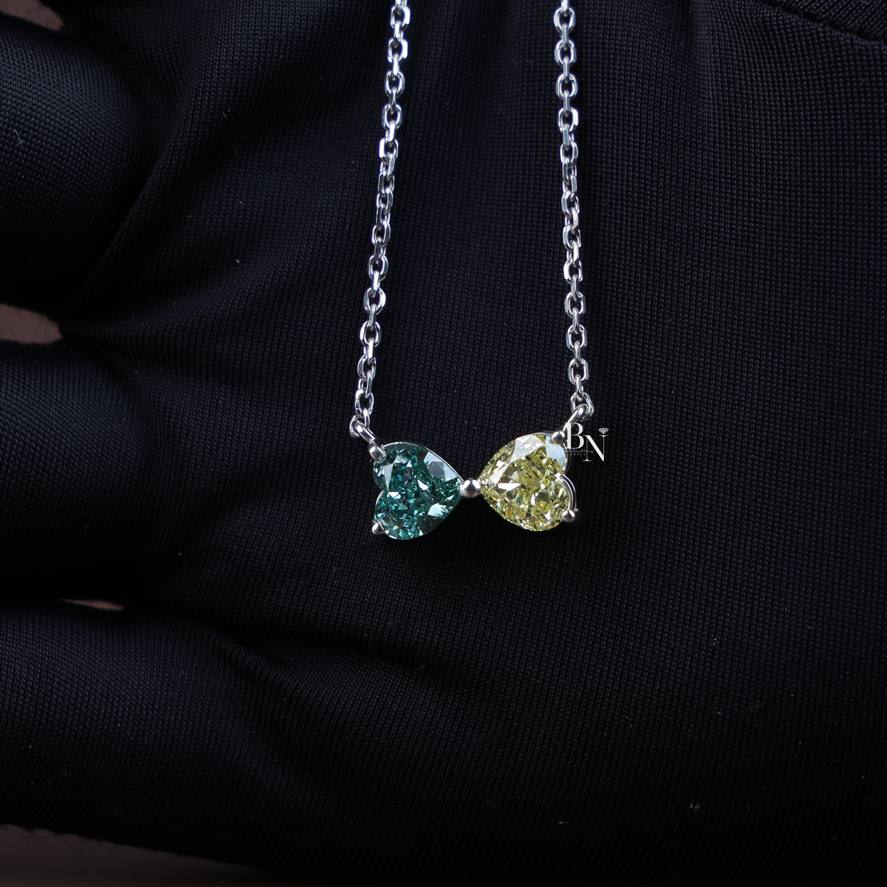 Fancy Color Lab Grown Diamond Necklace, Two Stone Heart Pendant, Green Yellow Toi et Moi Necklace White