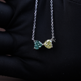 Fancy Color Lab Grown Diamond Necklace, Two Stone Heart Pendant, Green Yellow Toi et Moi Necklace White