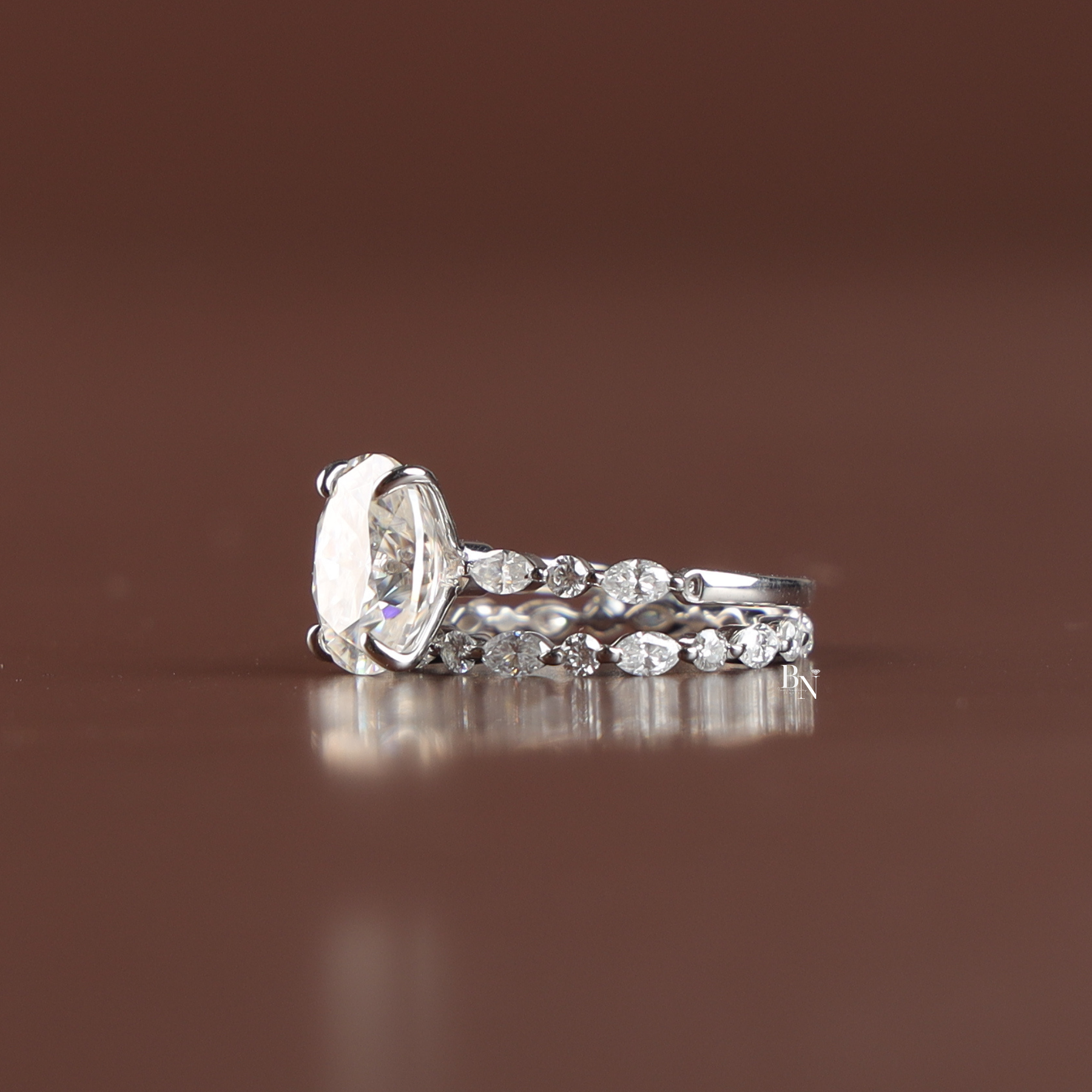 1 CTW Oval Lab Grown Diamond Bridal Set, Alternating Marquise and Round Band Engagement Ring
