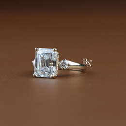 5ct Emerald Cut Moissanite Engagement Ring, 3 Stone Yellow Gold Ring, Hidden Halo Anniversary Ring