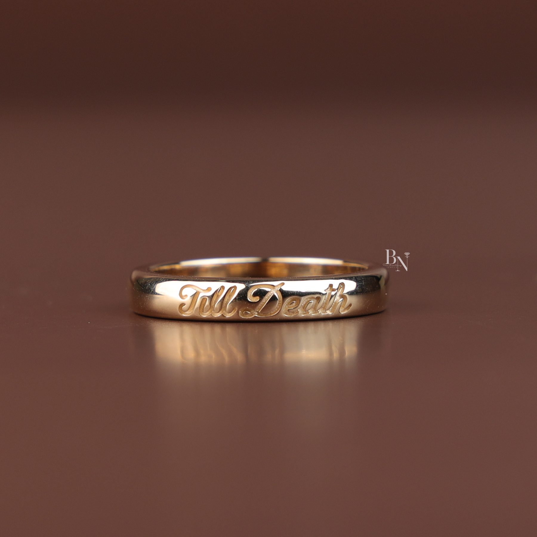 Till Death Wedding Band Set, 14K Gold Couple Rings, Matching Engraved Bands, Script Wedding Ring Set
