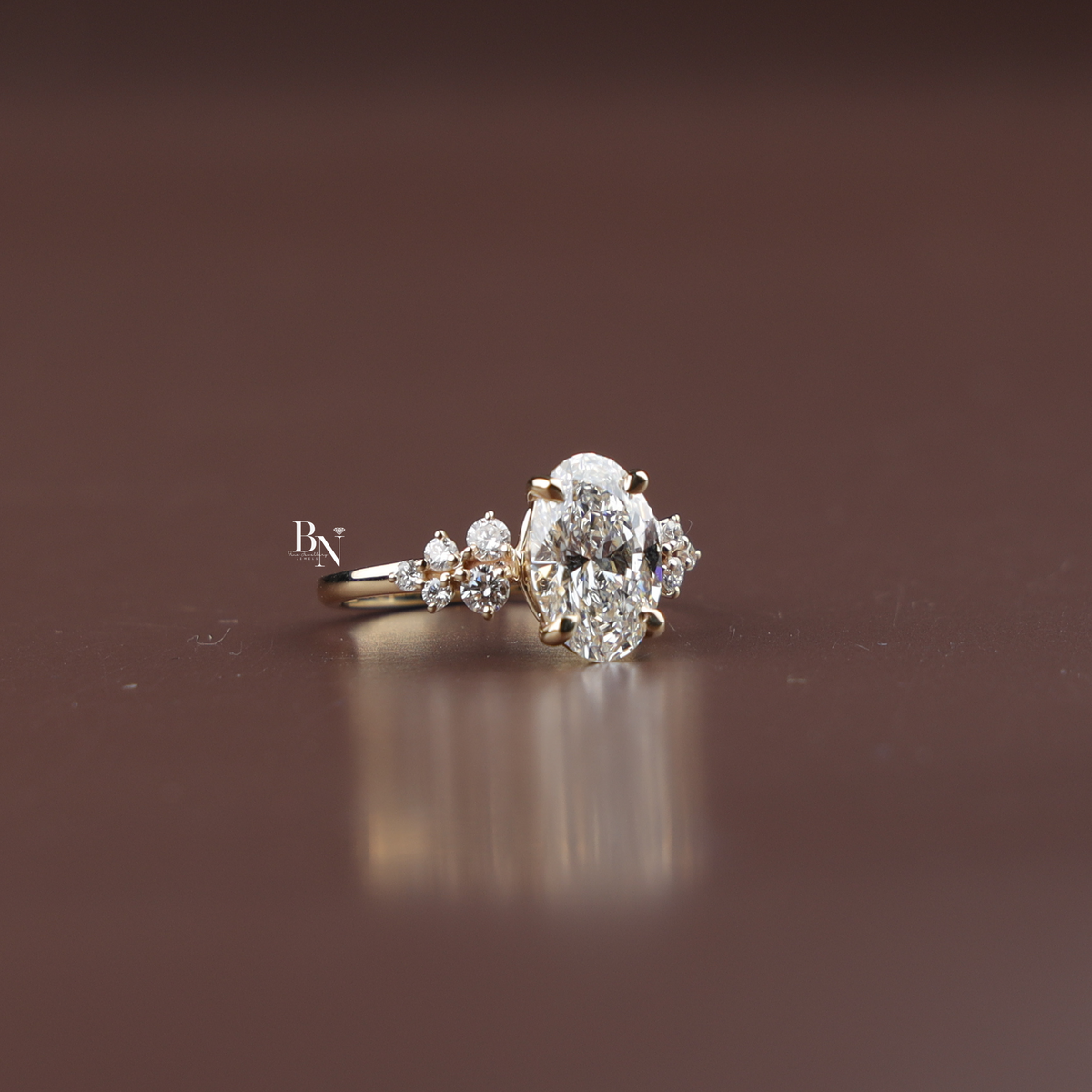 2 Carat Oval Lab Diamond Engagement Ring, Unique Cluster Side Stone Ring, Yellow Gold
