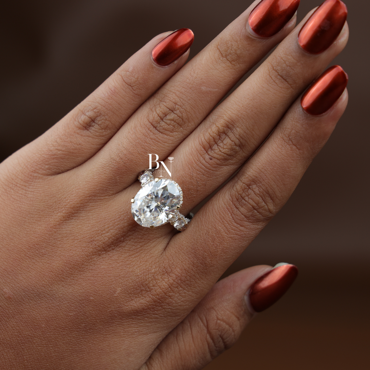 9 Carat Oval Moissanite Engagement Ring, Hidden Halo Pave Band, Large Solitaire Bridal Ring