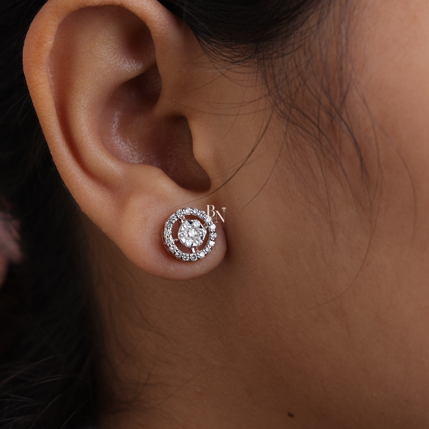 Lab Grown Diamond Stud Earrings, Round Cluster Halo Studs, Rose Gold Screw Back Earrings