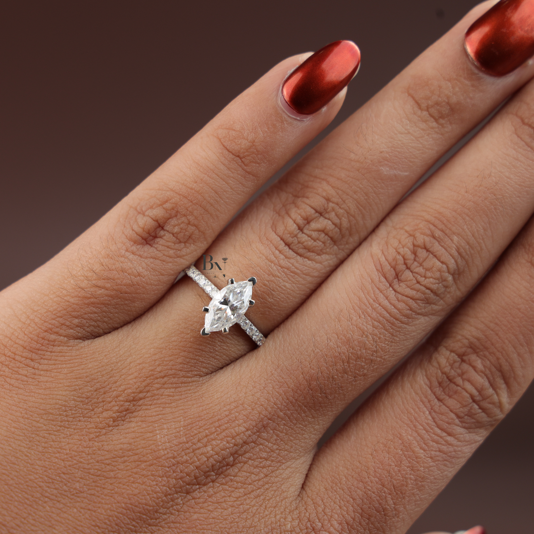 1ct Marquise Lab Diamond Engagement Ring, Hidden Halo Marquise Ring, Slender Pave Band