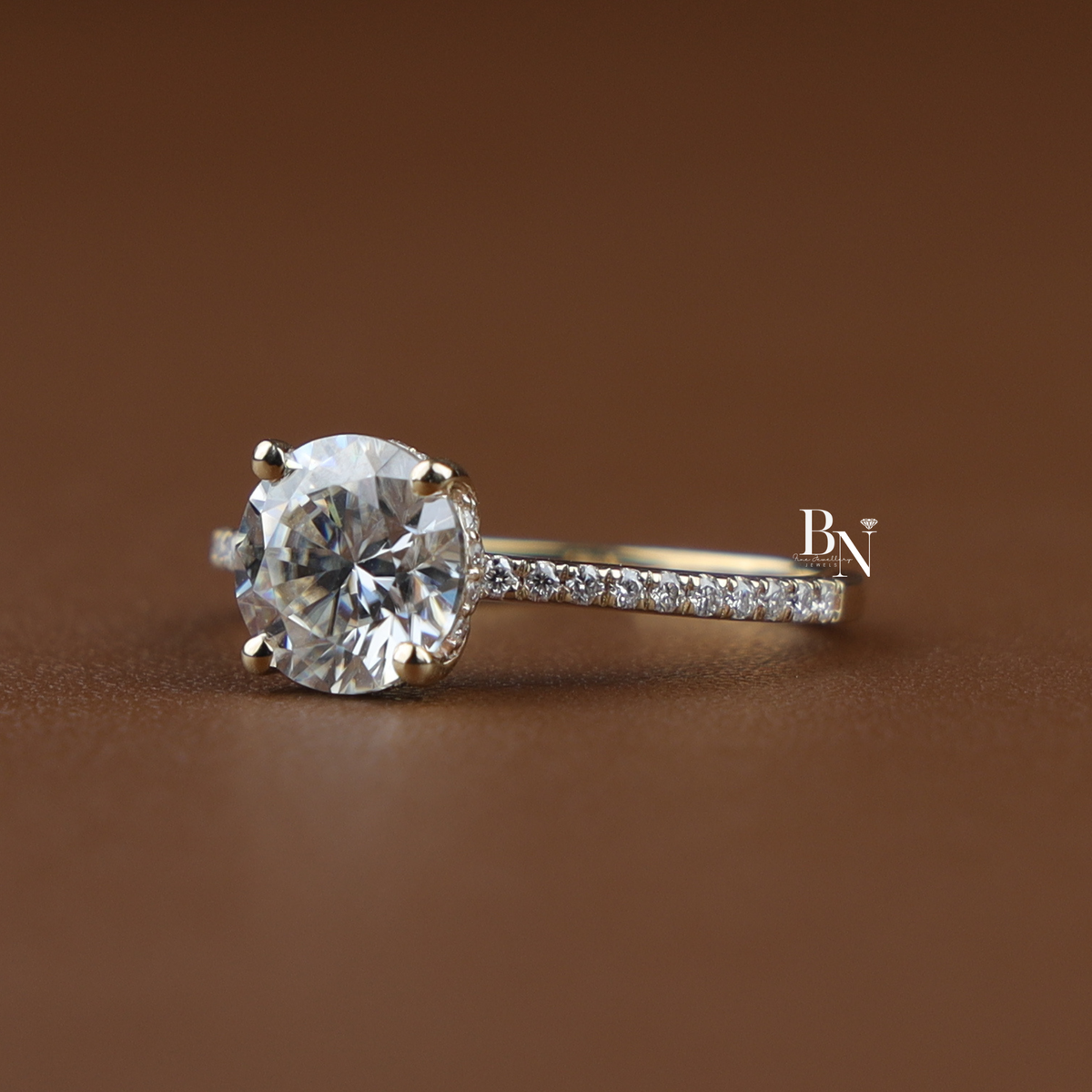 2 Carat Round Lab Diamond Engagement Ring, Hidden Halo Solitaire Ring with Pave Band in Gold