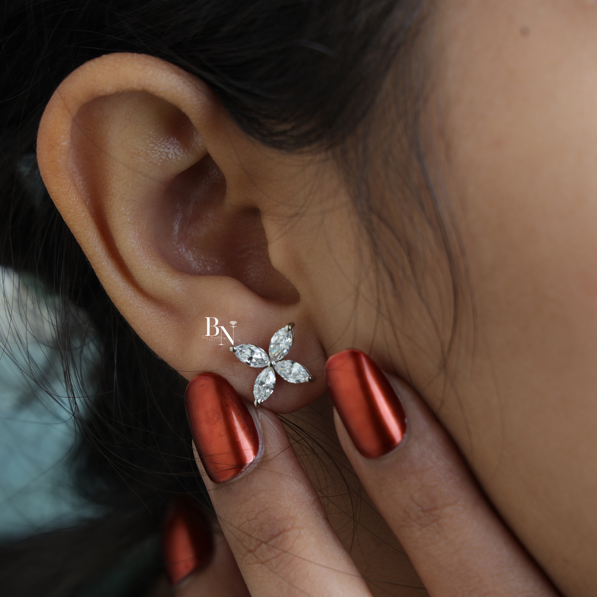 Lab Grown Diamond Flower Stud Earrings, Marquise Cluster Earrings, Screw Back Butterfly Studs