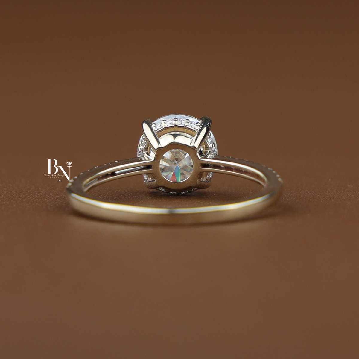 2 Carat Round Lab Diamond Engagement Ring, Hidden Halo Solitaire Ring with Pave Band in Gold
