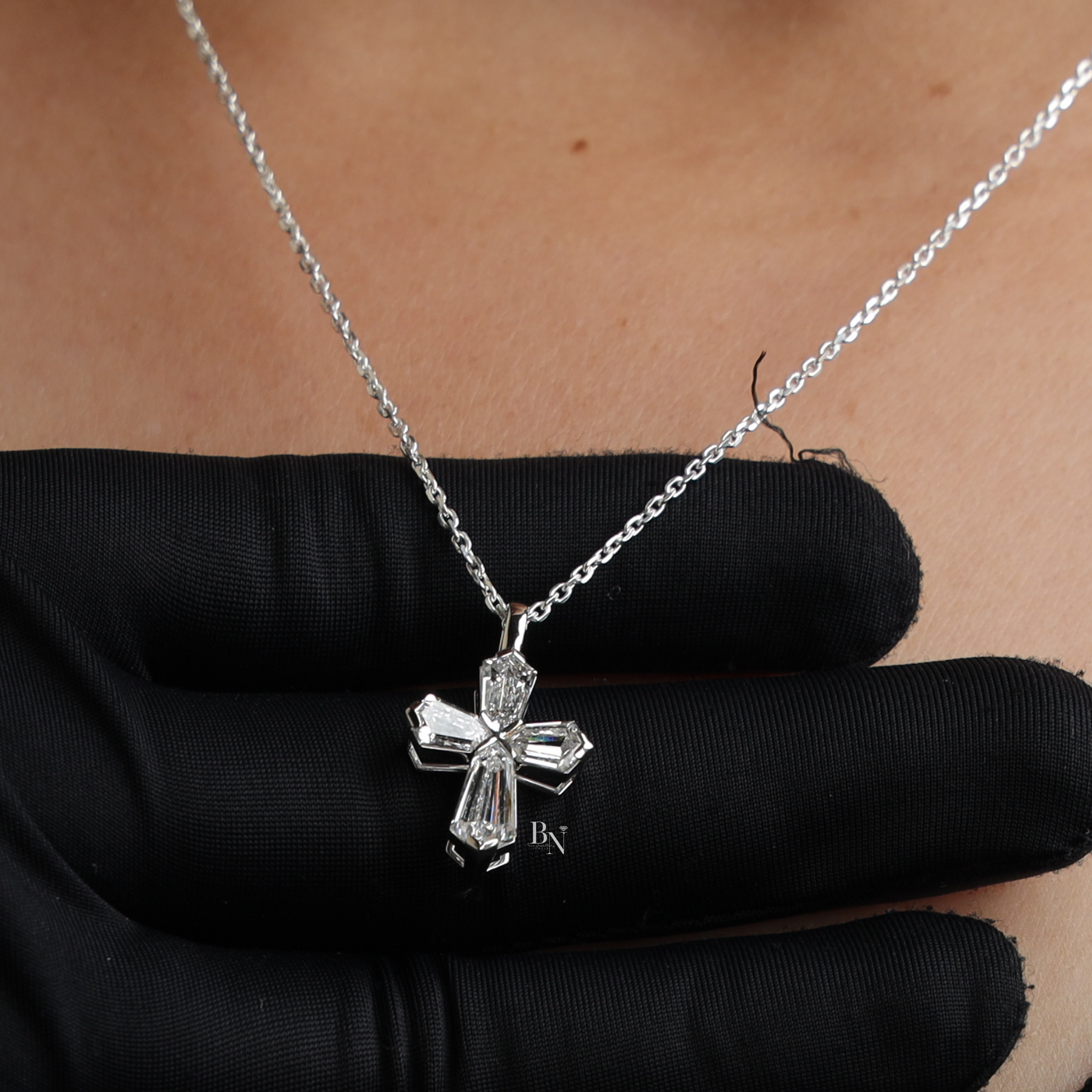 Lab Grown Diamond Cross Necklace, Coffin Cut Diamond Pendant, 14K White Gold Cross, Dainty Religious