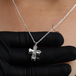 Lab Grown Diamond Cross Necklace, Coffin Cut Diamond Pendant, 14K White Gold Cross, Dainty Religious