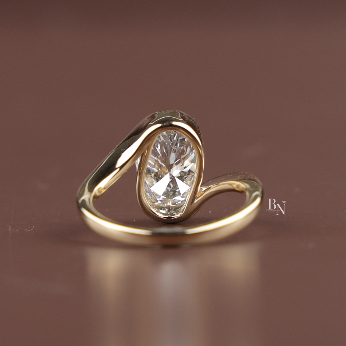 Oval Cut Lab Grown Diamond Ring, Bezel Set Modern Solitaire, Asymmetric Bypass Ring, 2ct