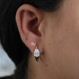 Pear Cut Lab Grown Diamond Huggie Earrings, Minimalist Solitaire Hoop Earrings, Half Bezel Diamond Hoops