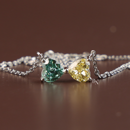 Fancy Color Lab Grown Diamond Necklace, Two Stone Heart Pendant, Green Yellow Toi et Moi Necklace White