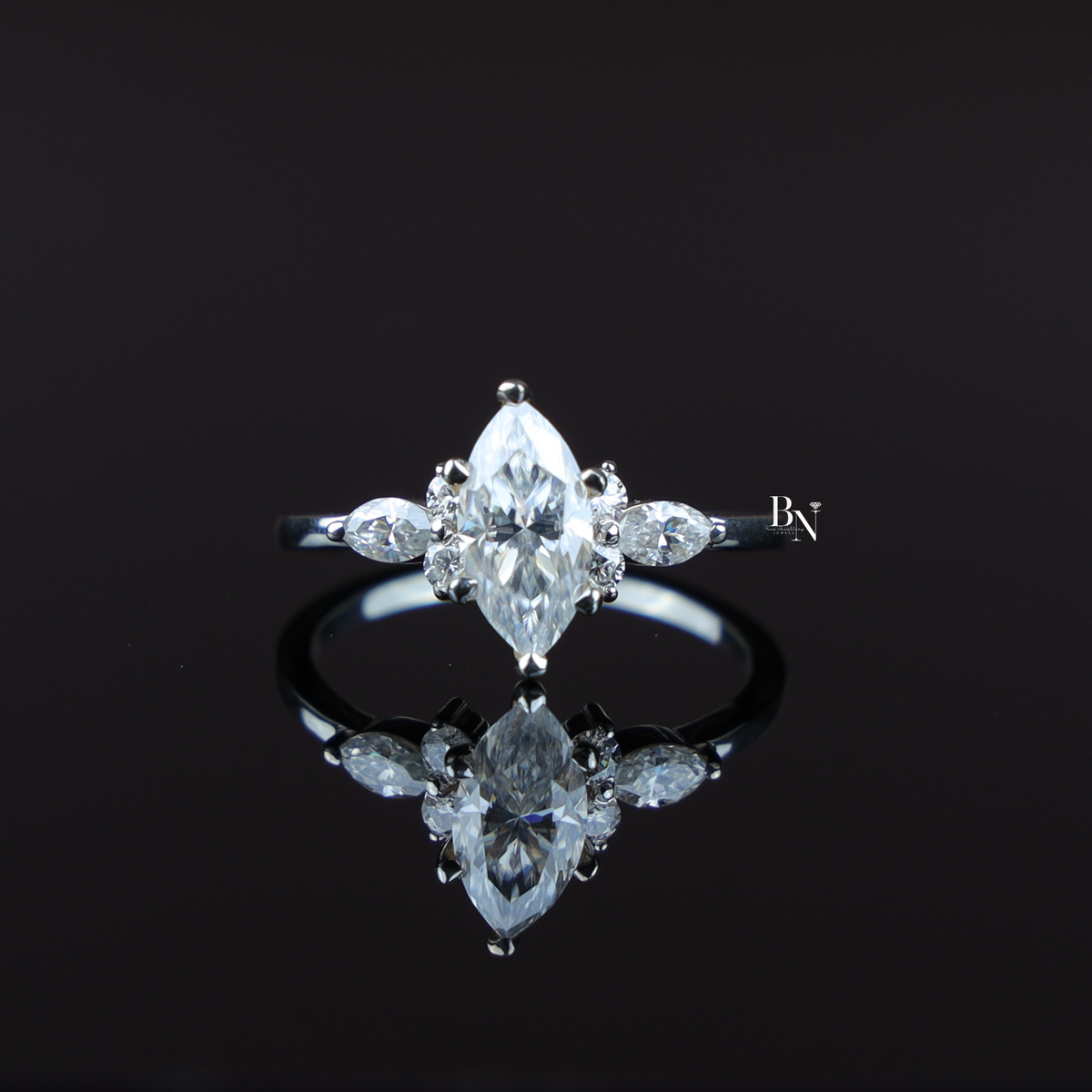 2ct Marquise Lab Grown Diamond Engagement Ring, Cluster Side Stones, V Prong Marquise Ring