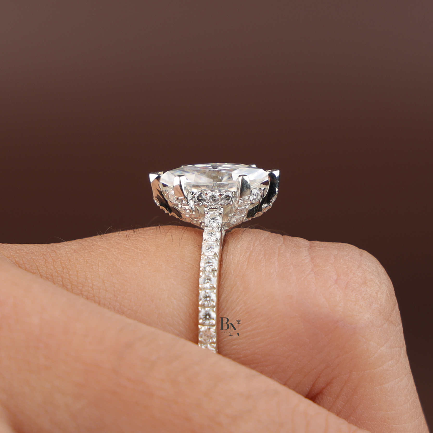 1ct Marquise Lab Diamond Engagement Ring, Hidden Halo Marquise Ring, Slender Pave Band