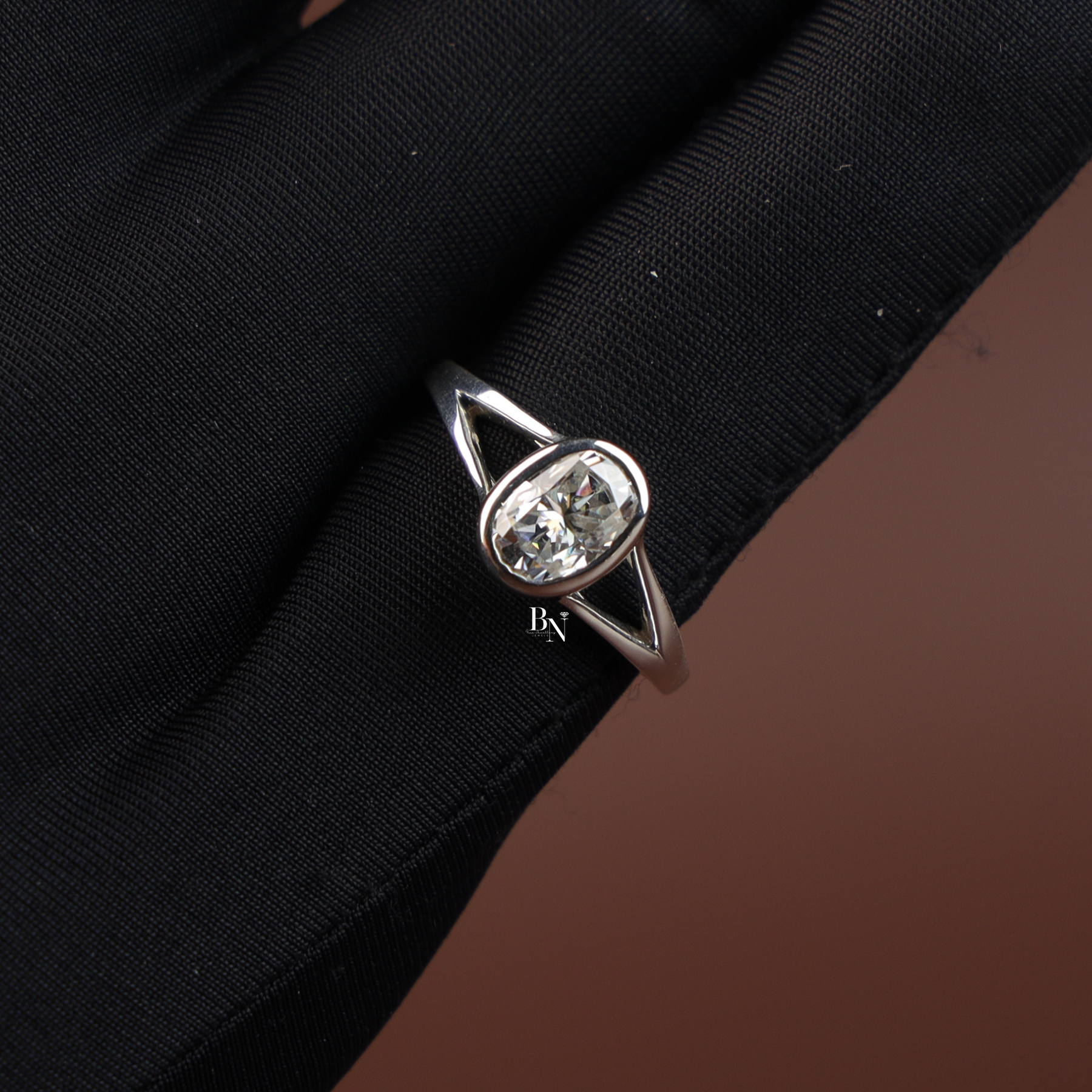 1 Ct Oval Lab Diamond Engagement Ring, Bezel Set Split Shank Solitaire Ring, White Gold Tone