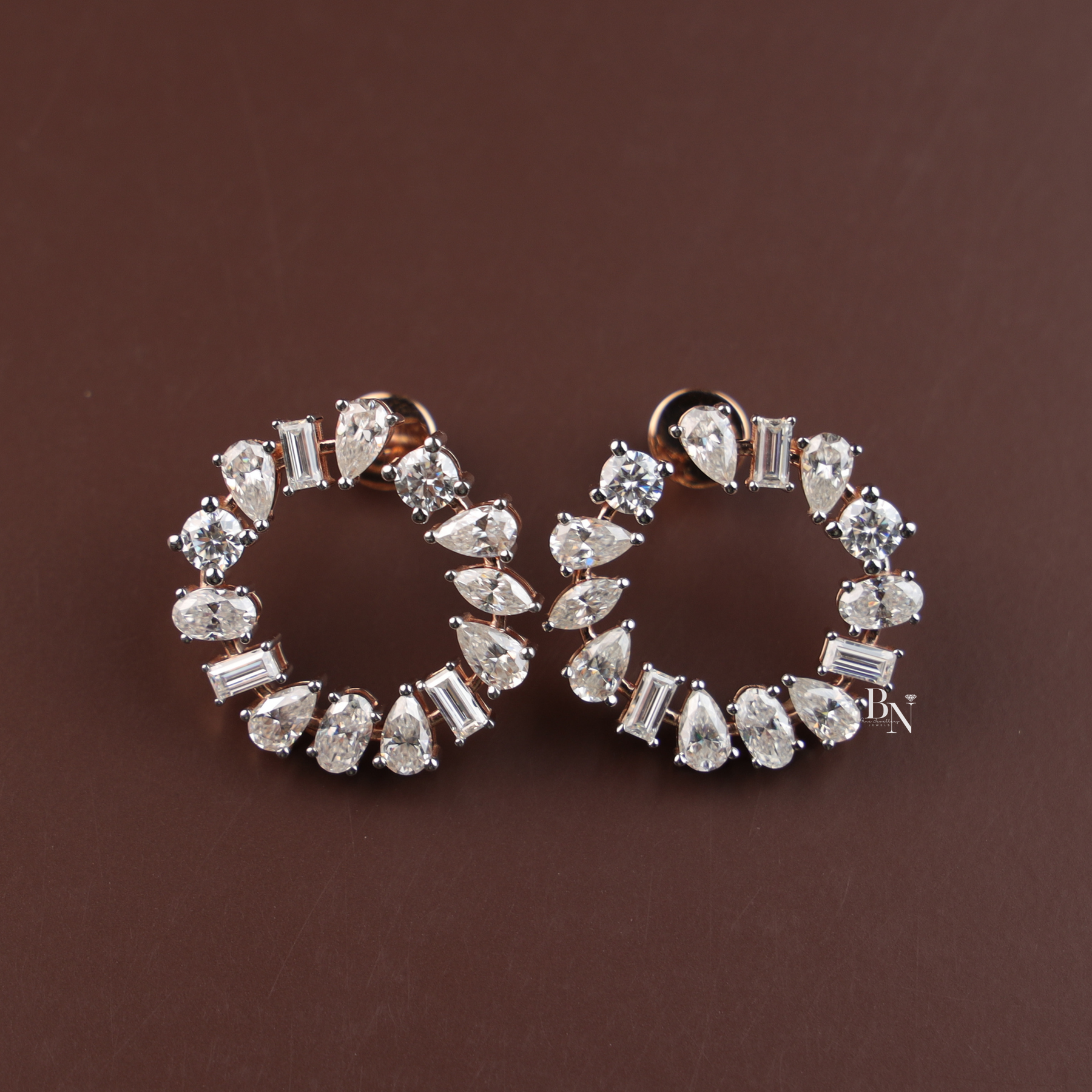 Lab Grown Diamond Open Circle Earrings, Mixed Cut Diamond Studs, Diamond Wreath Earrings