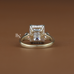 5ct Emerald Cut Moissanite Engagement Ring, 3 Stone Yellow Gold Ring, Hidden Halo Anniversary Ring