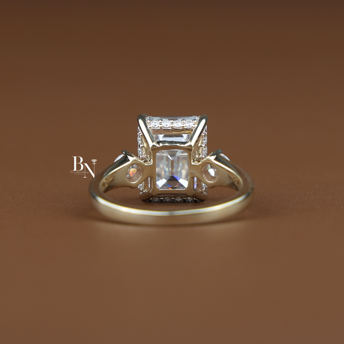 5ct Emerald Cut Moissanite Engagement Ring, 3 Stone Yellow Gold Ring, Hidden Halo Anniversary Ring