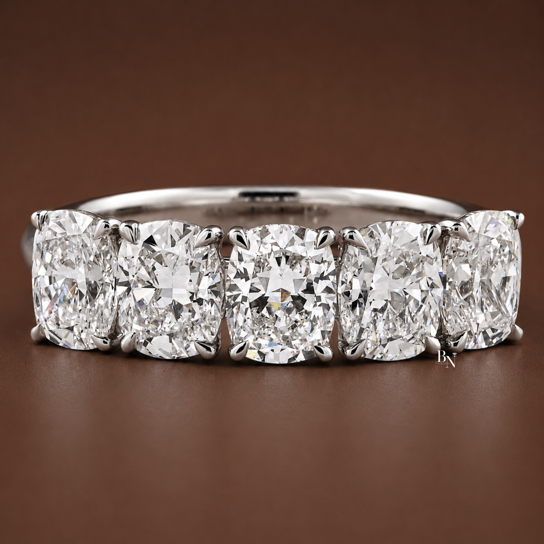 5 Stone Cushion Cut Lab Diamond Anniversary Ring, 2.50 CTW Floating Prong Wedding Band, 14K Gold