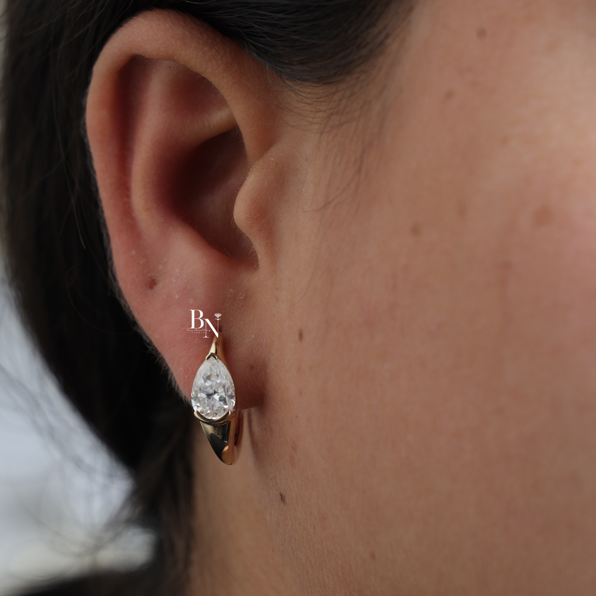 Pear Cut Lab Grown Diamond Huggie Earrings, Minimalist Solitaire Hoop Earrings, Half Bezel Diamond Hoops