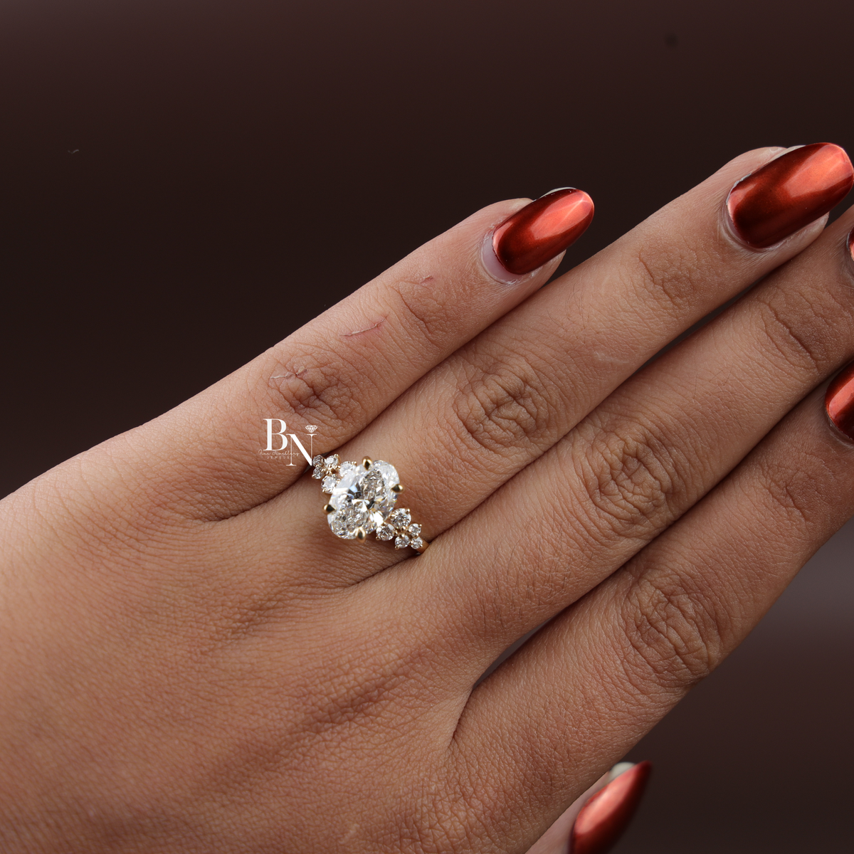 2 Carat Oval Lab Diamond Engagement Ring, Unique Cluster Side Stone Ring, Yellow Gold