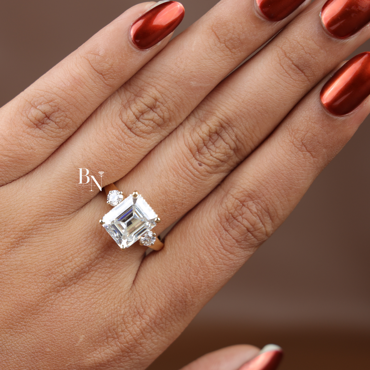 5ct Emerald Cut Moissanite Engagement Ring, 3 Stone Yellow Gold Ring, Hidden Halo Anniversary Ring