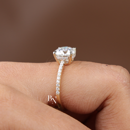 2 Carat Round Lab Diamond Engagement Ring, Hidden Halo Solitaire Ring with Pave Band in Gold