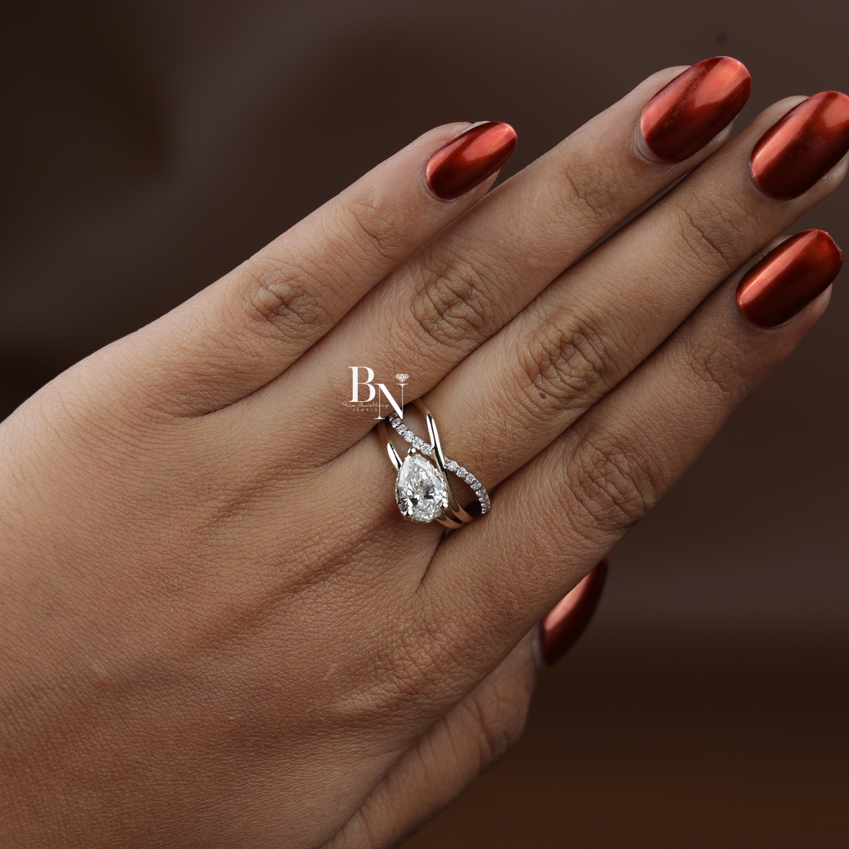 2 Carat Pear Cut Lab Grown Diamond Engagement Ring, Hidden Halo Twist Band, Teardrop