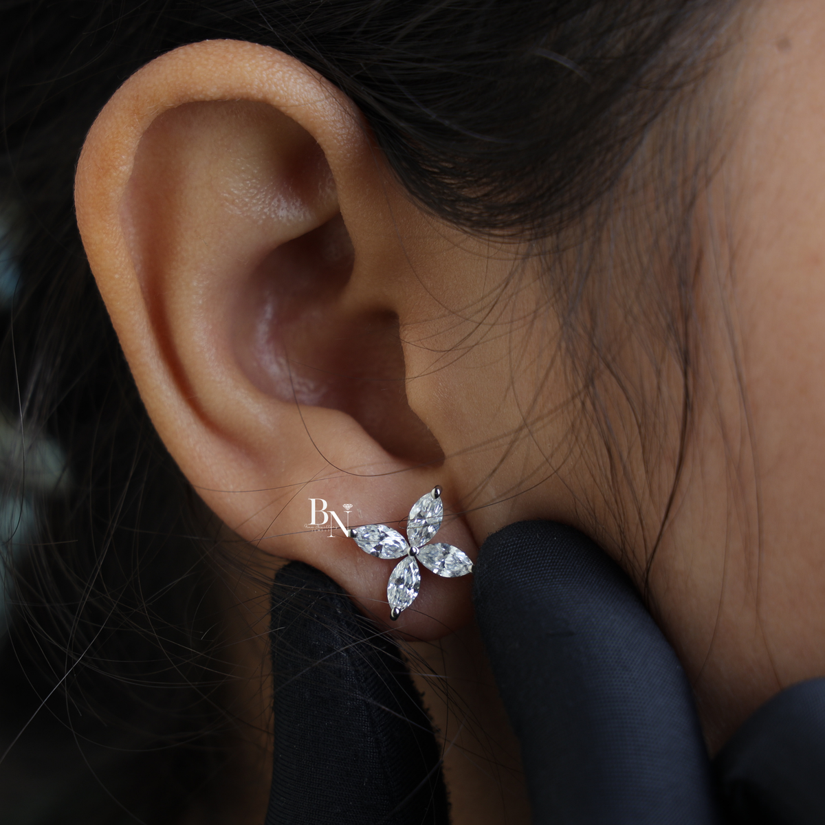 Lab Grown Diamond Flower Stud Earrings, Marquise Cluster Earrings, Screw Back Butterfly Studs