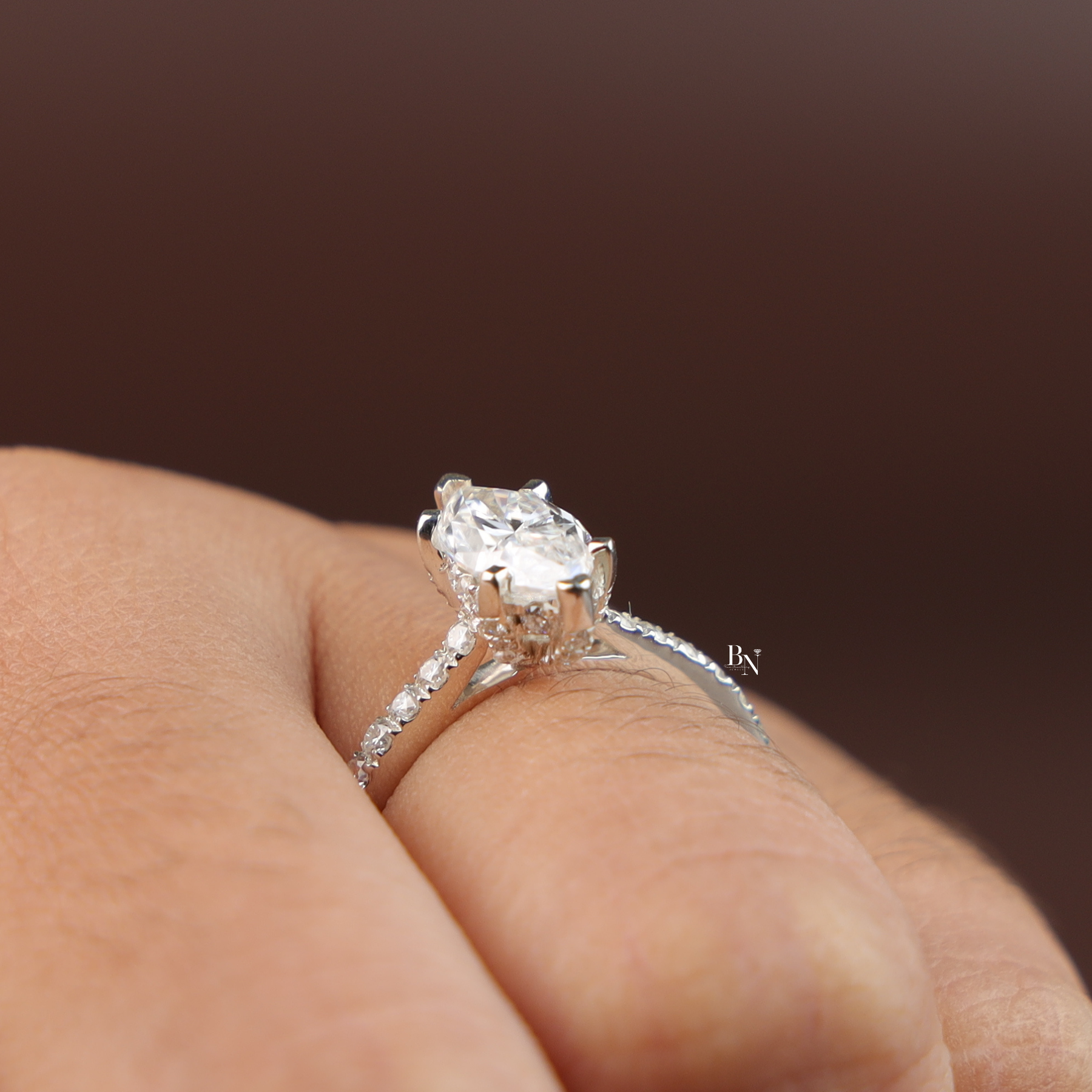 1ct Marquise Lab Diamond Engagement Ring, Hidden Halo Marquise Ring, Slender Pave Band
