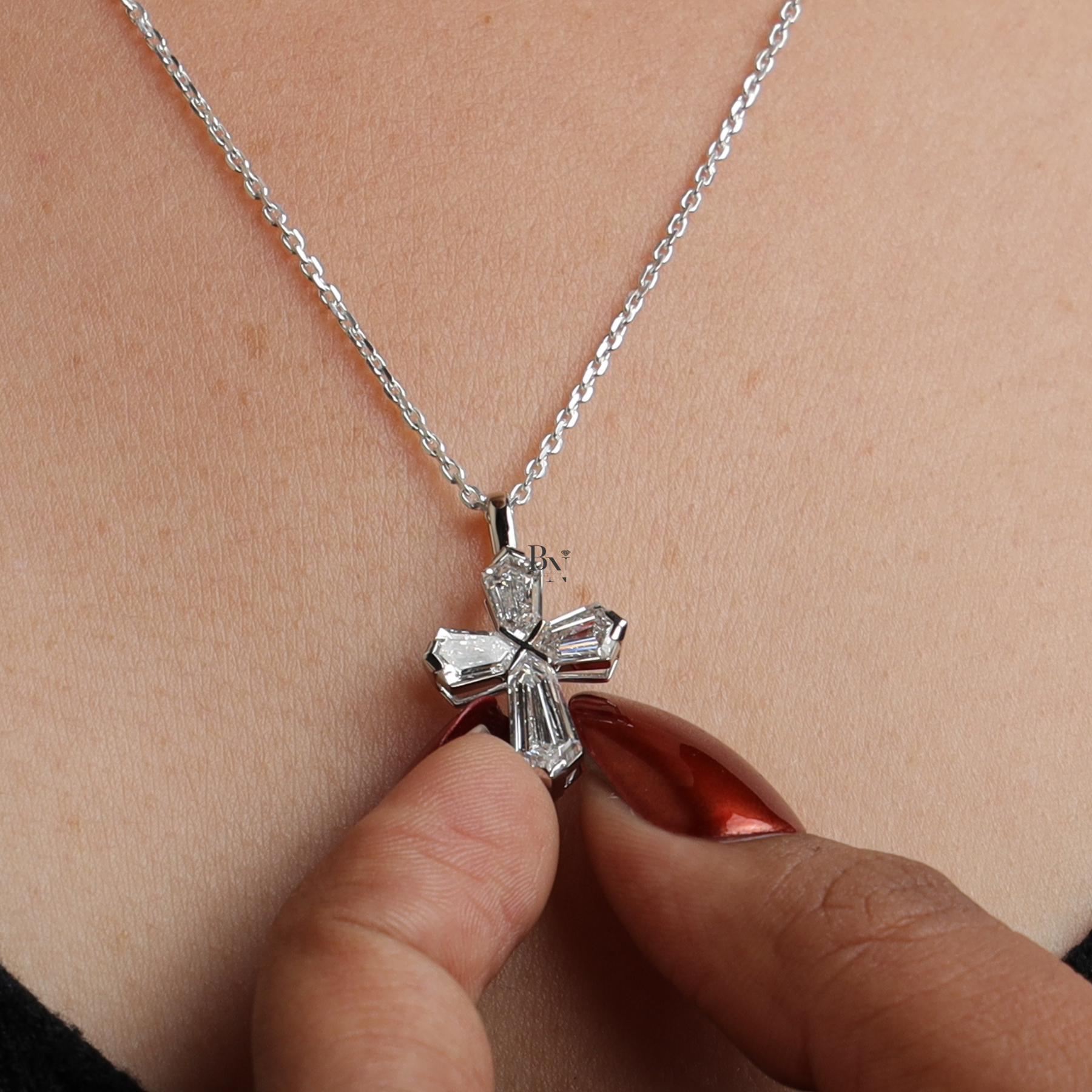 Lab Grown Diamond Cross Necklace, Coffin Cut Diamond Pendant, 14K White Gold Cross, Dainty Religious