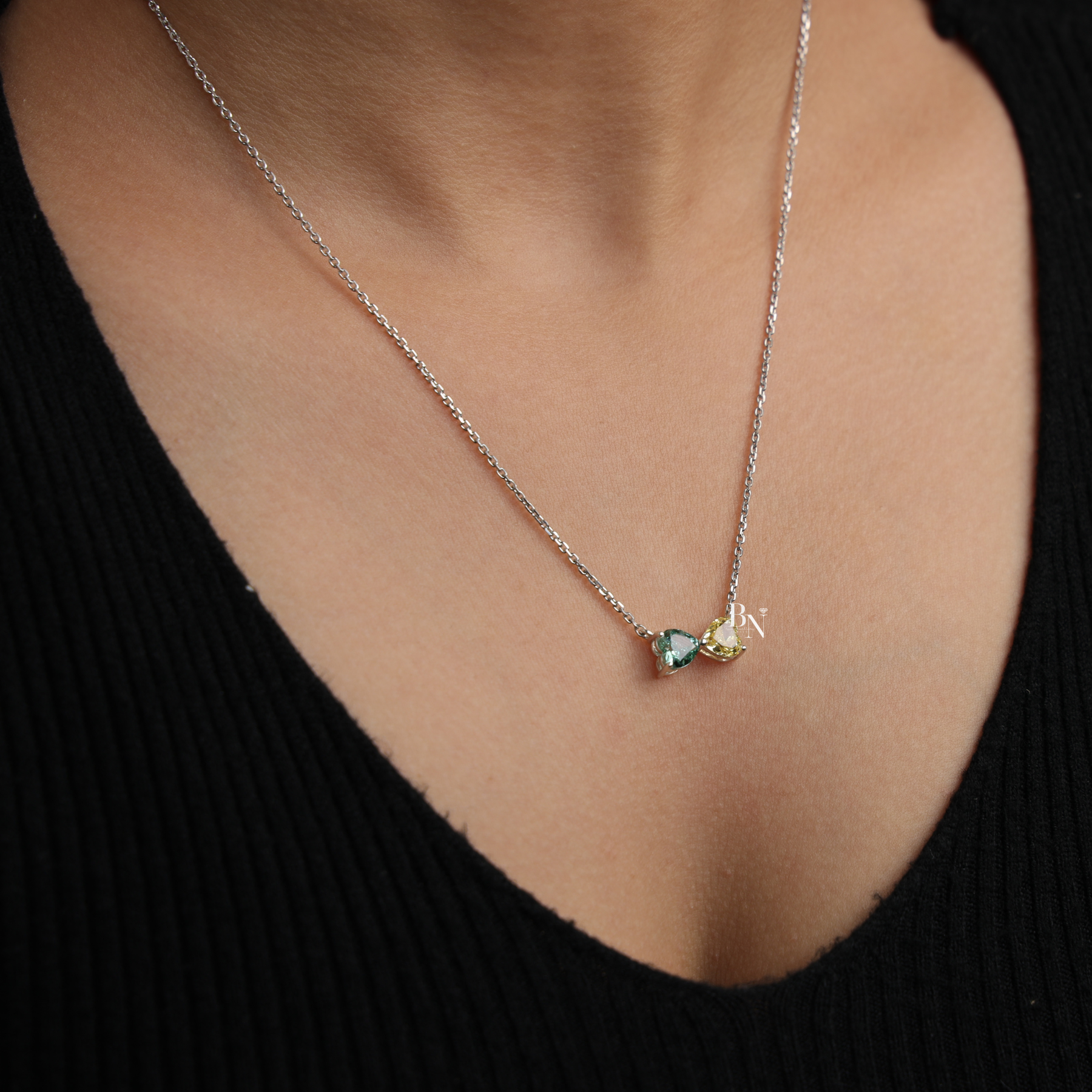 Fancy Color Lab Grown Diamond Necklace, Two Stone Heart Pendant, Green Yellow Toi et Moi Necklace White