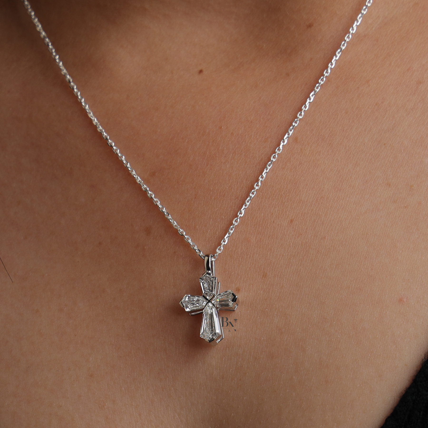 Lab Grown Diamond Cross Necklace, Coffin Cut Diamond Pendant, 14K White Gold Cross, Dainty Religious