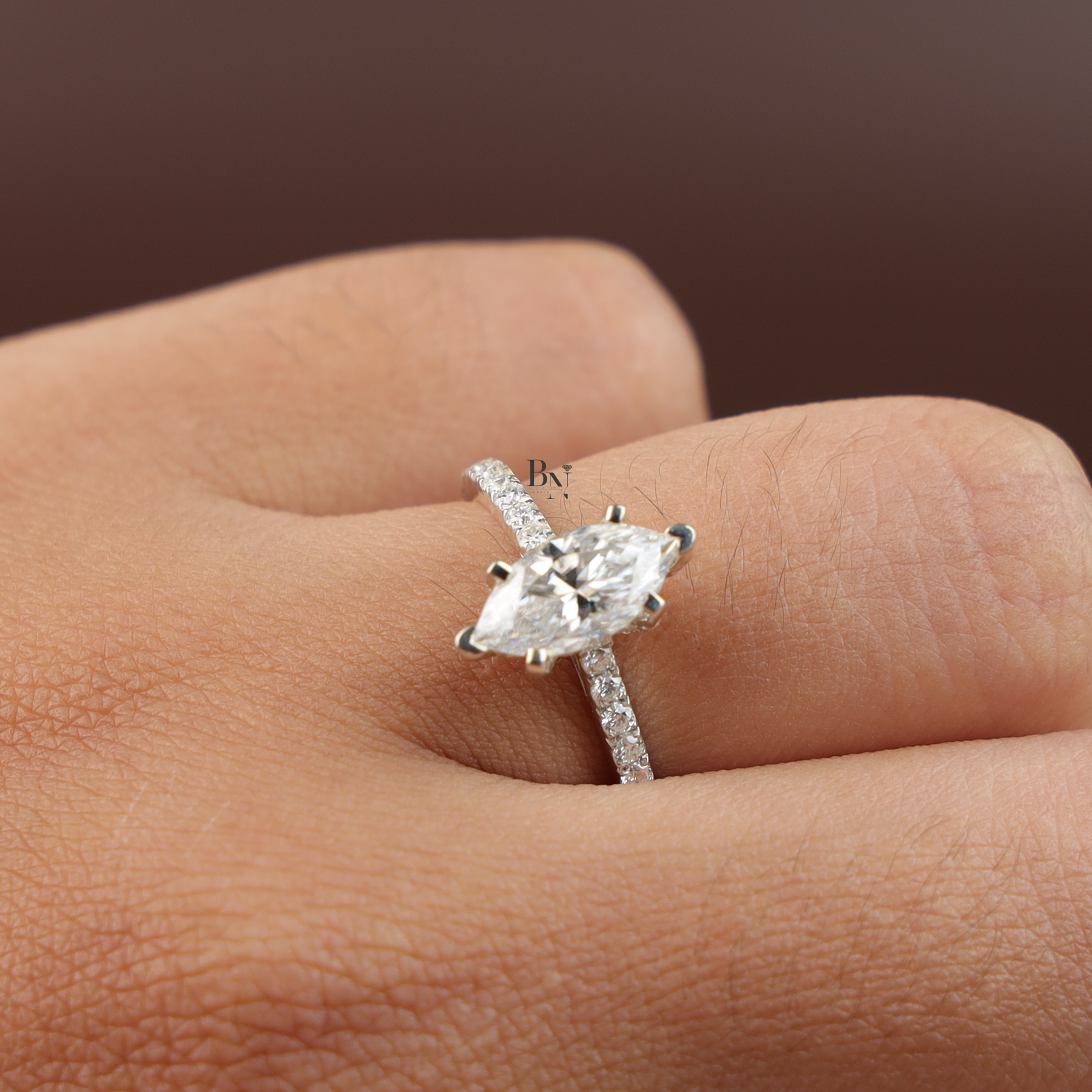 1ct Marquise Lab Diamond Engagement Ring, Hidden Halo Marquise Ring, Slender Pave Band