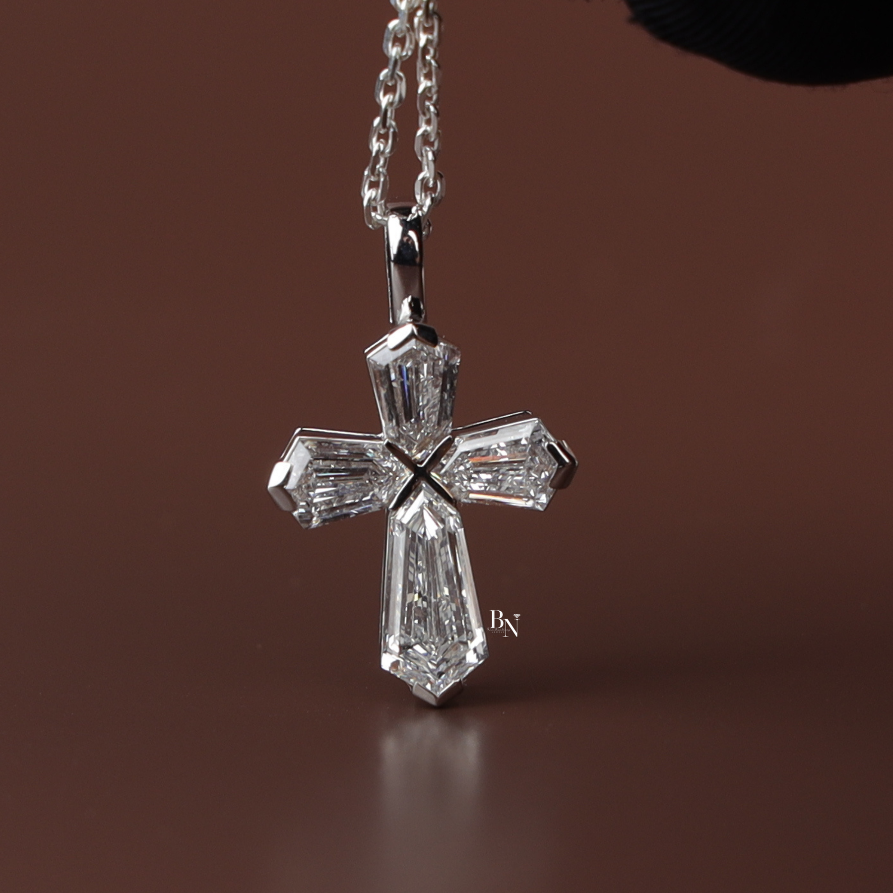 Lab Grown Diamond Cross Necklace, Coffin Cut Diamond Pendant, 14K White Gold Cross, Dainty Religious