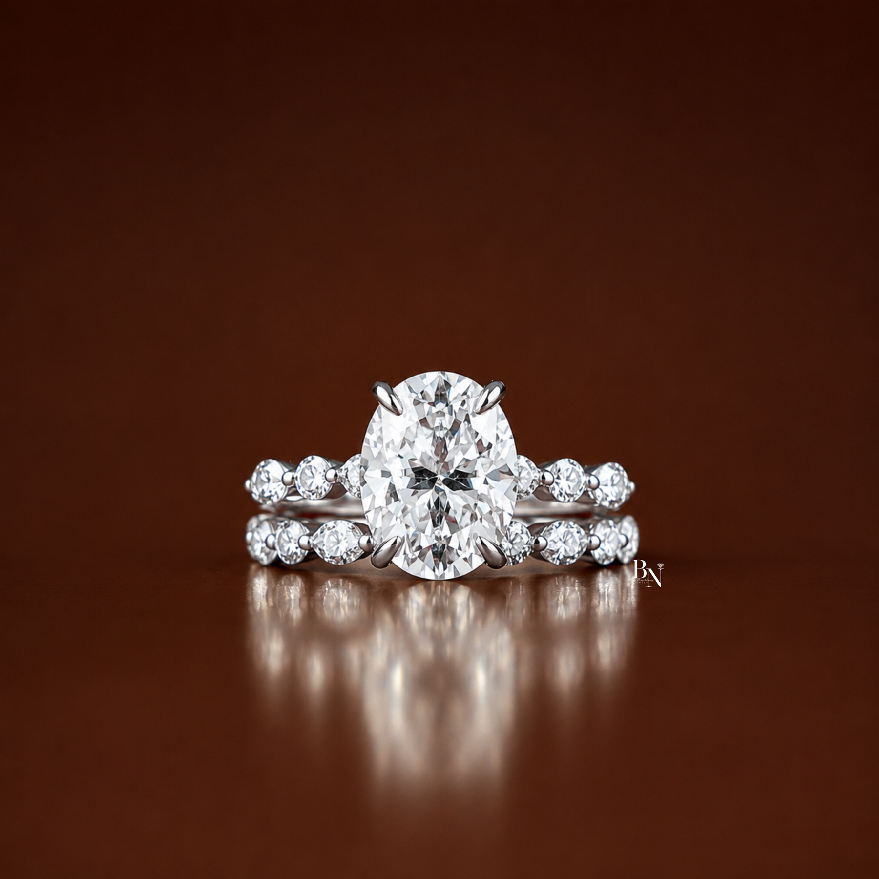 1 CTW Oval Lab Grown Diamond Bridal Set, Alternating Marquise and Round Band Engagement Ring