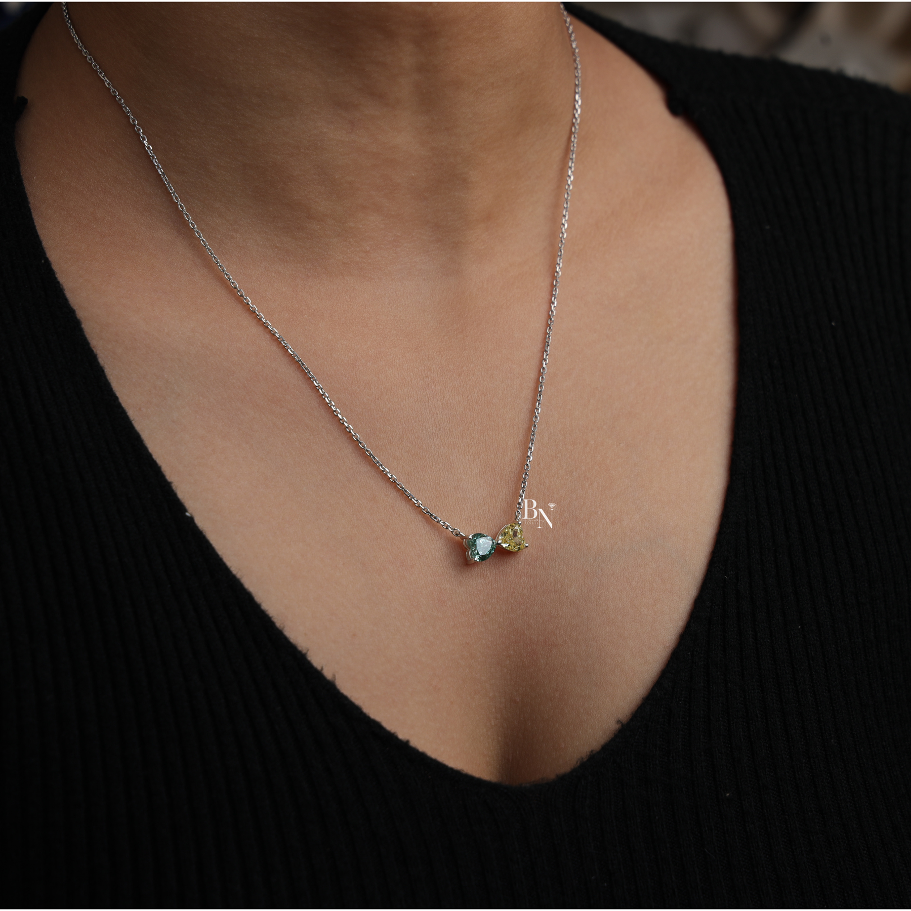 Fancy Color Lab Grown Diamond Necklace, Two Stone Heart Pendant, Green Yellow Toi et Moi Necklace White
