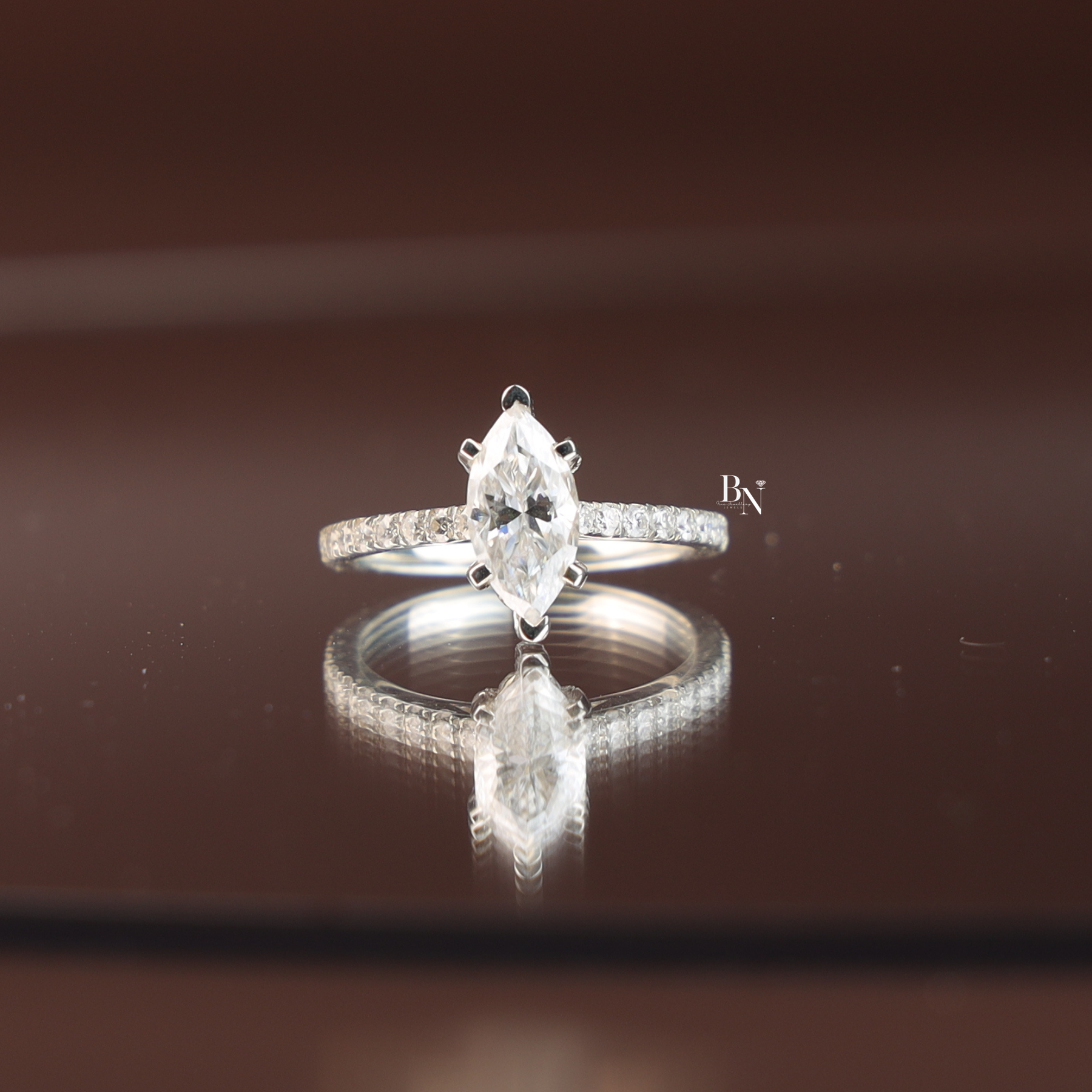 1ct Marquise Lab Diamond Engagement Ring, Hidden Halo Marquise Ring, Slender Pave Band