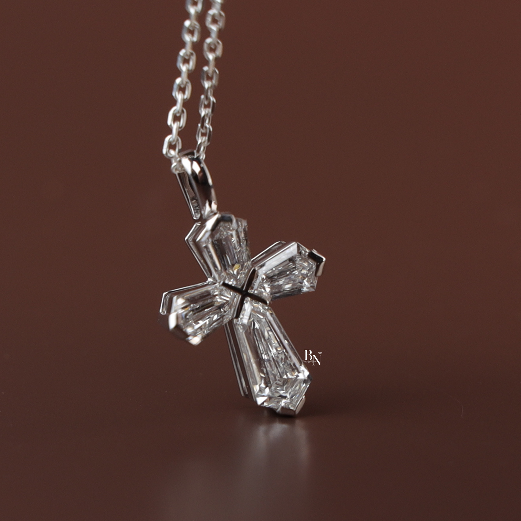 Lab Grown Diamond Cross Necklace, Coffin Cut Diamond Pendant, 14K White Gold Cross, Dainty Religious