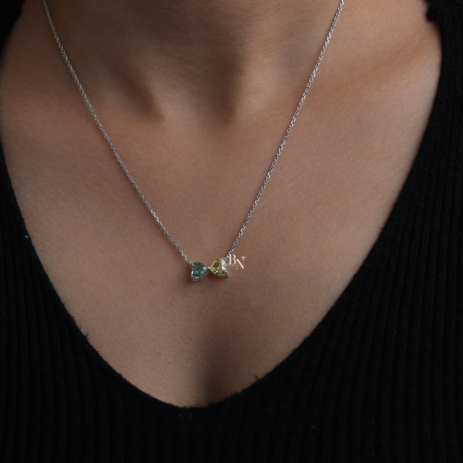 Fancy Color Lab Grown Diamond Necklace, Two Stone Heart Pendant, Green Yellow Toi et Moi Necklace White