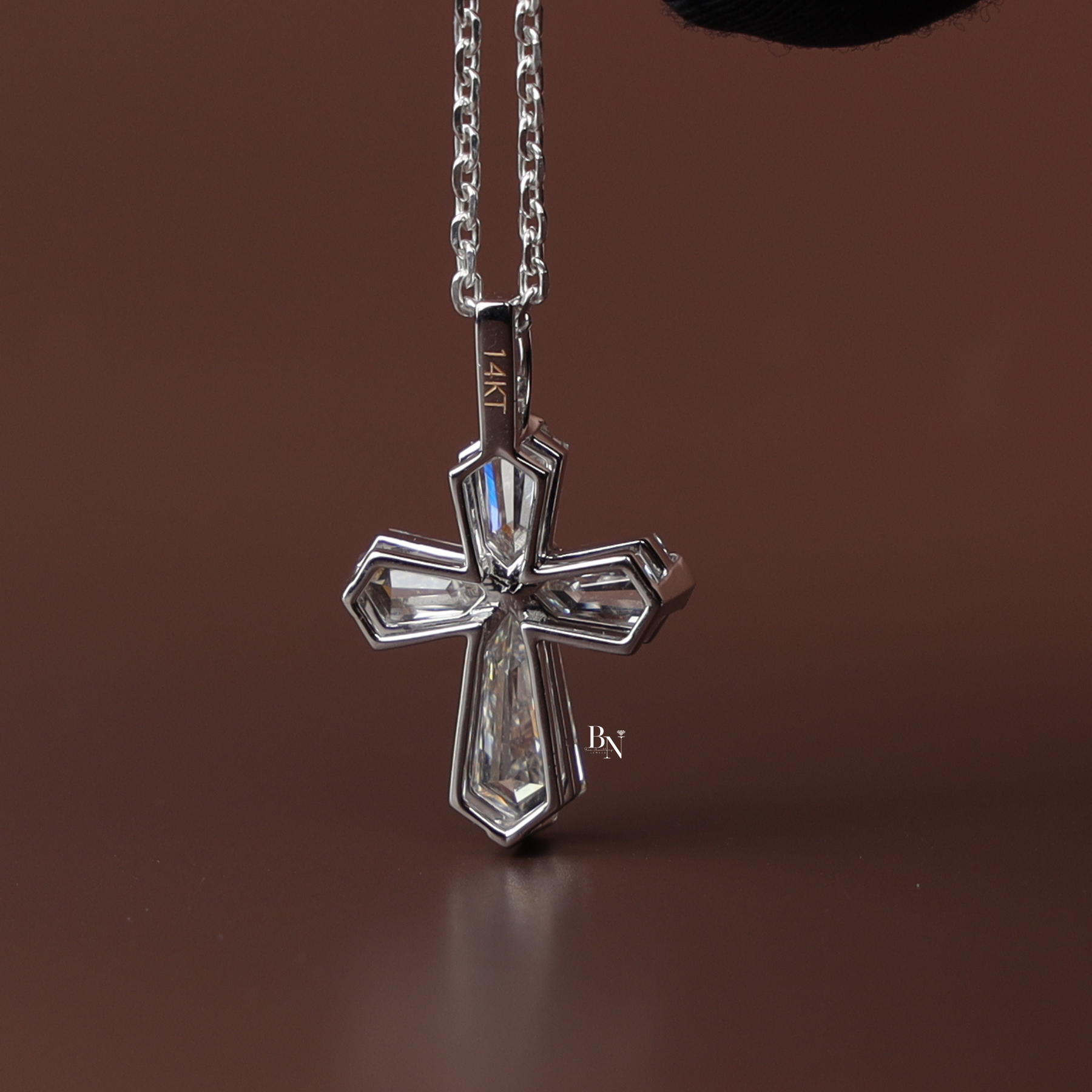 Lab Grown Diamond Cross Necklace, Coffin Cut Diamond Pendant, 14K White Gold Cross, Dainty Religious