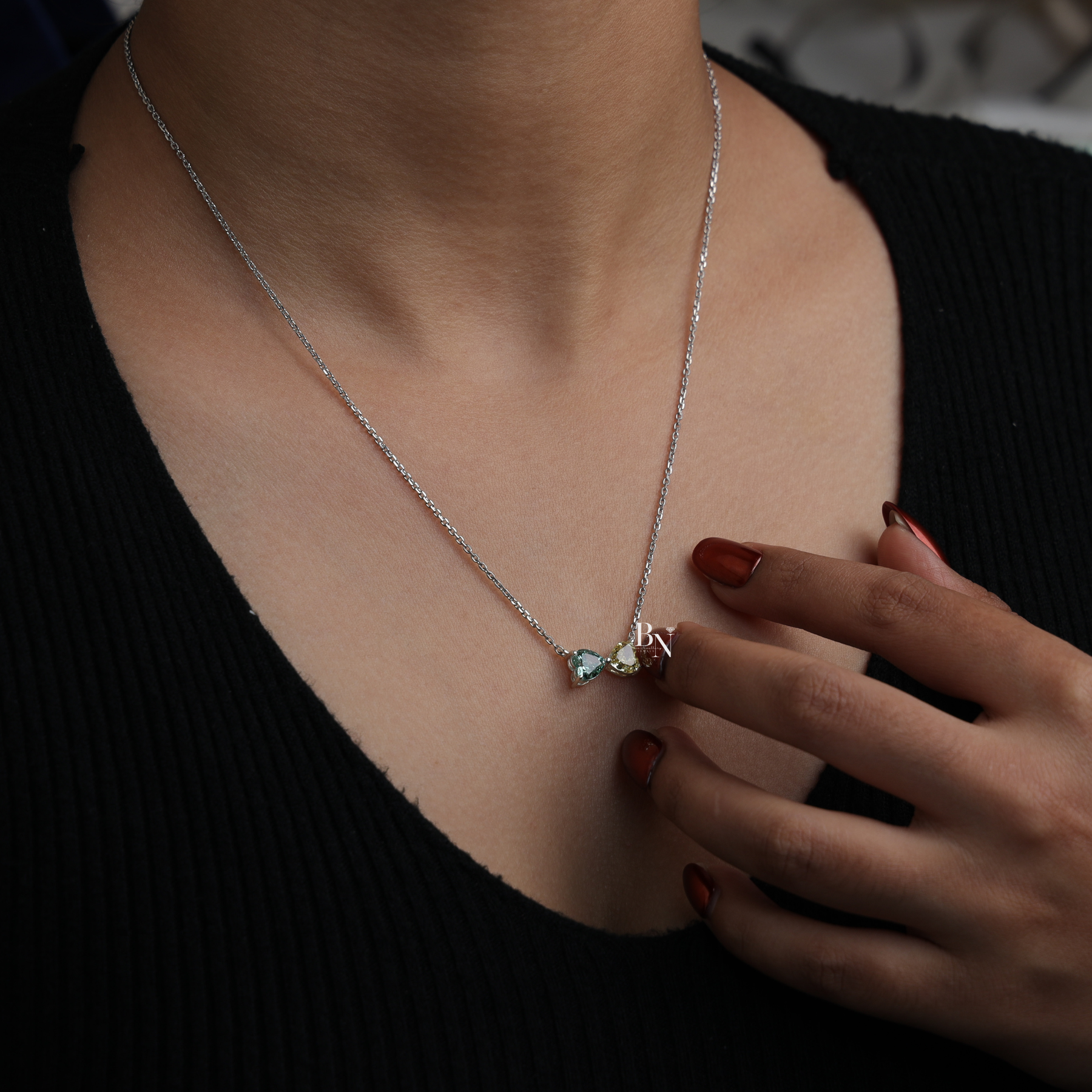 Fancy Color Lab Grown Diamond Necklace, Two Stone Heart Pendant, Green Yellow Toi et Moi Necklace White