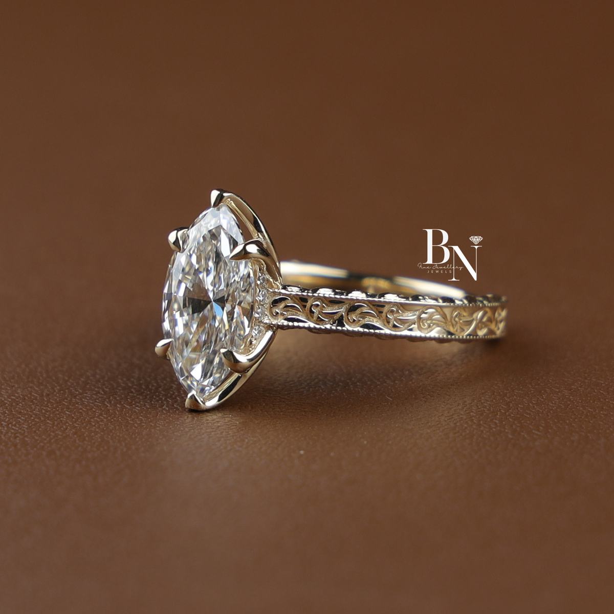 2 Carat Marquise Lab Grown Diamond Ring, Vintage Inspired Filigree Engagement Ring