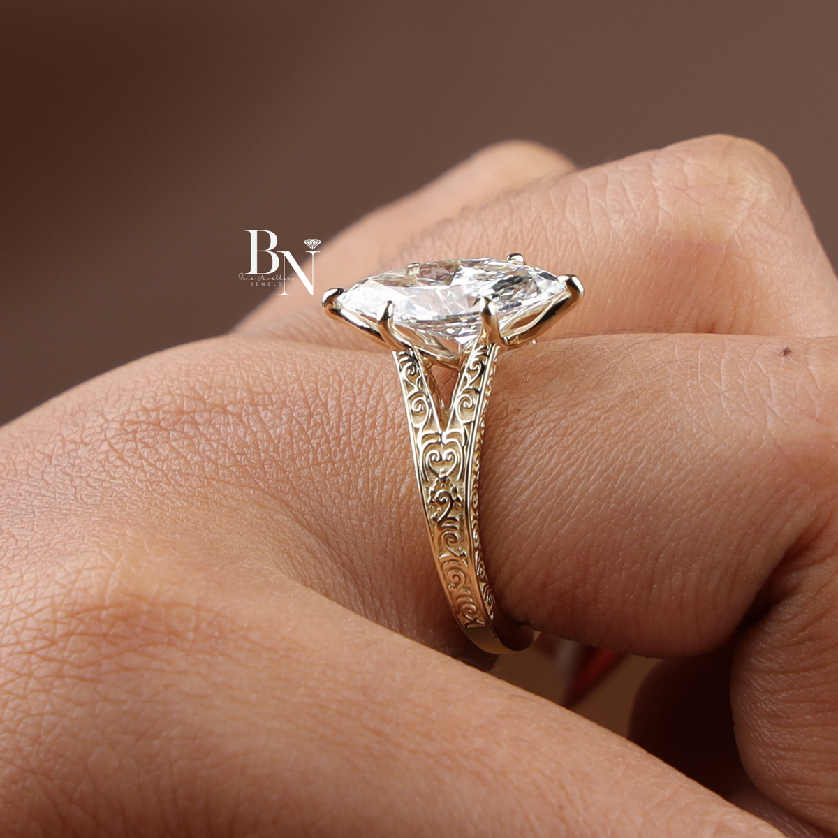 3ct Marquise Cut Lab Grown Diamond Engagement Ring, Vintage Filigree Yellow Gold Solitaire Ring