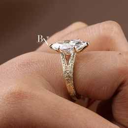 3ct Marquise Cut Lab Grown Diamond Engagement Ring, Vintage Filigree Yellow Gold Solitaire Ring